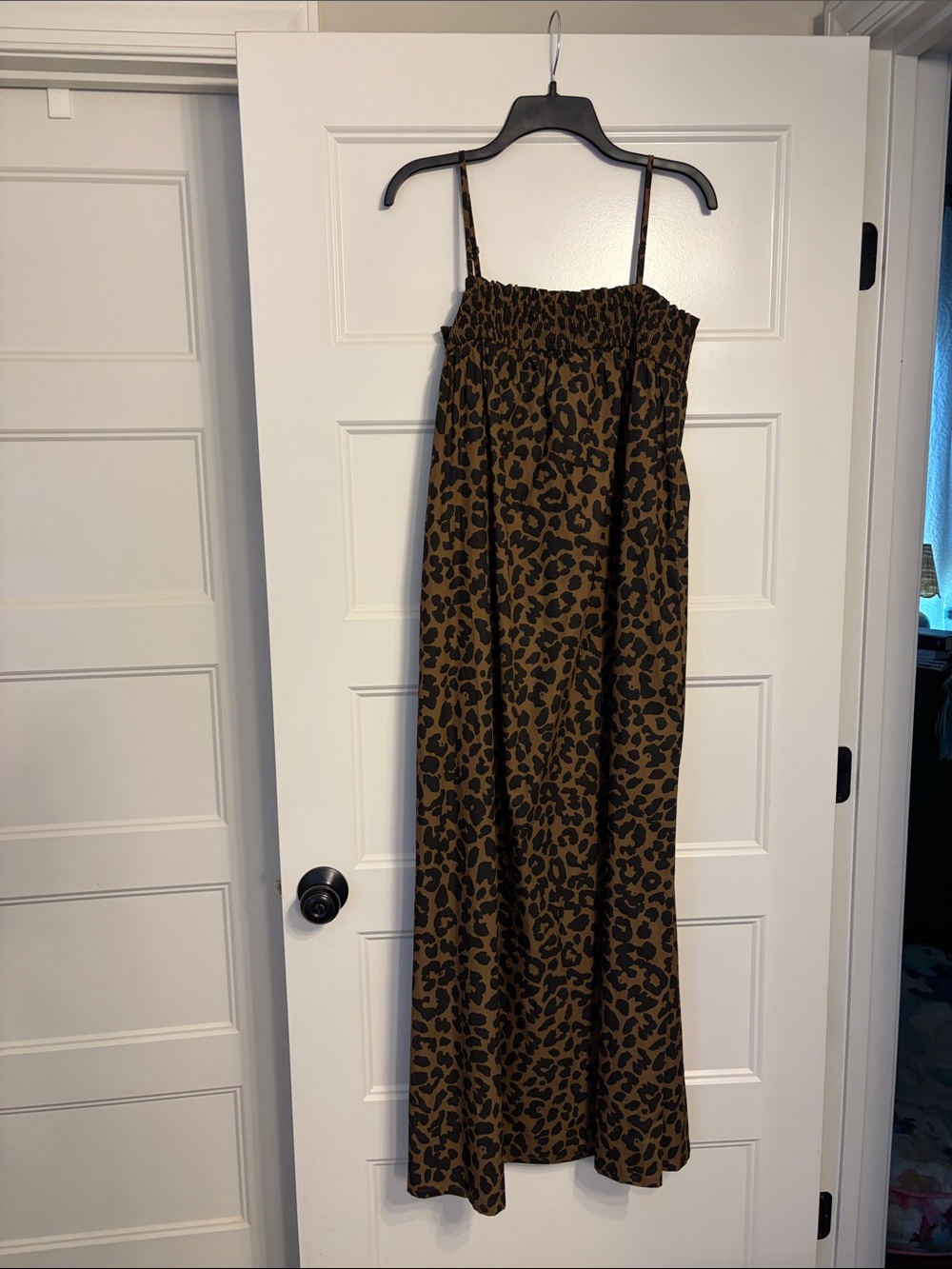 Leopard Print Brown Maxi Dress with Smocked Bodice